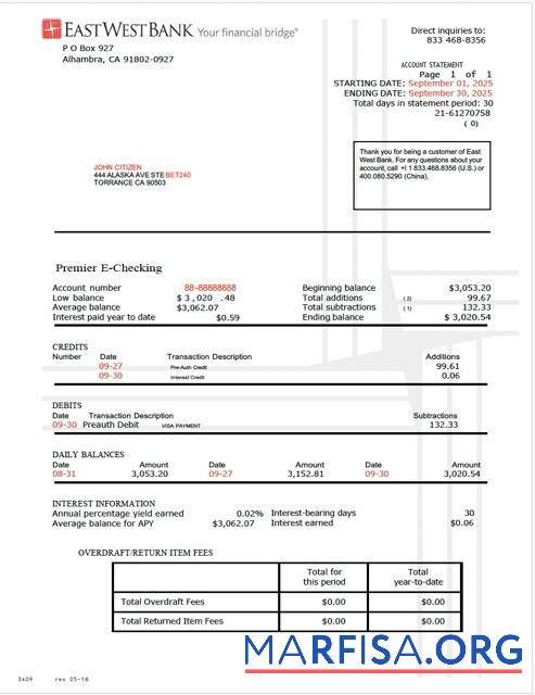 Downloadable USA East West bank account statement word template